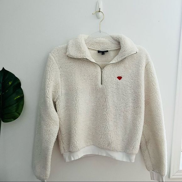 Topshop Sweaters - TOPSHOP | Ivory Teddy 1/4 Zip Sweater With Embroidered Heart